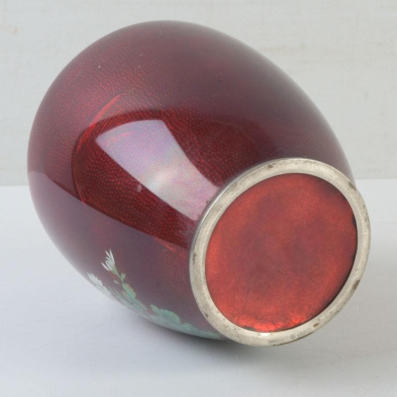 七宝焼　CLOISONNE刻印　赤透四君子文　花瓶　V　9875