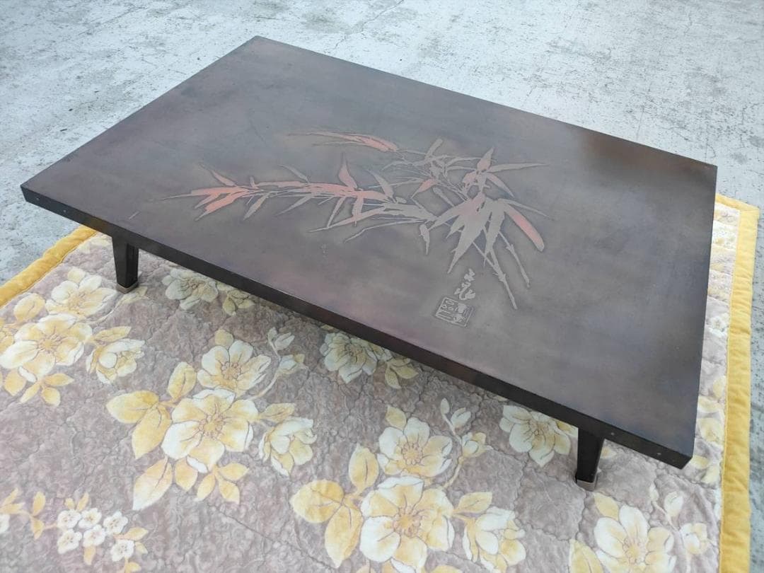 【時代物】竹林画☆彫刻板☆銅版張り☆折れ足 テーブル アンティークテーブル