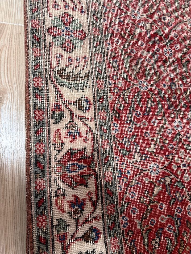 大判　162×262 クリーム縁取り　ストロベリー草花　トルコヴィンテージラグ