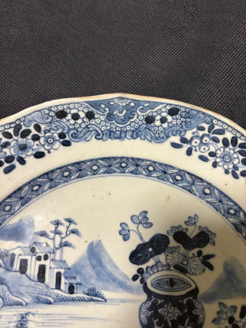 中国古美術 清の乾隆時代 青花　山水風景　大皿25cm　染付