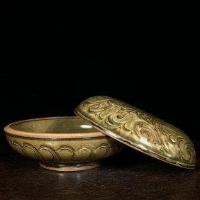 宋代耀州窯彫刻花鳥図版箱