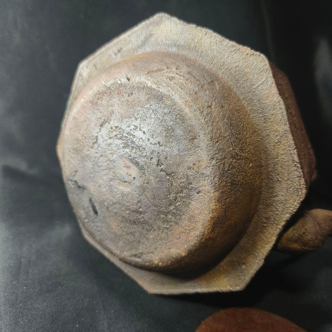 茶道具 南部鉄器 面取り鉄瓶 近江八景文 紫銅蓋 銀象嵌取手 明治骨董 旧家蔵出