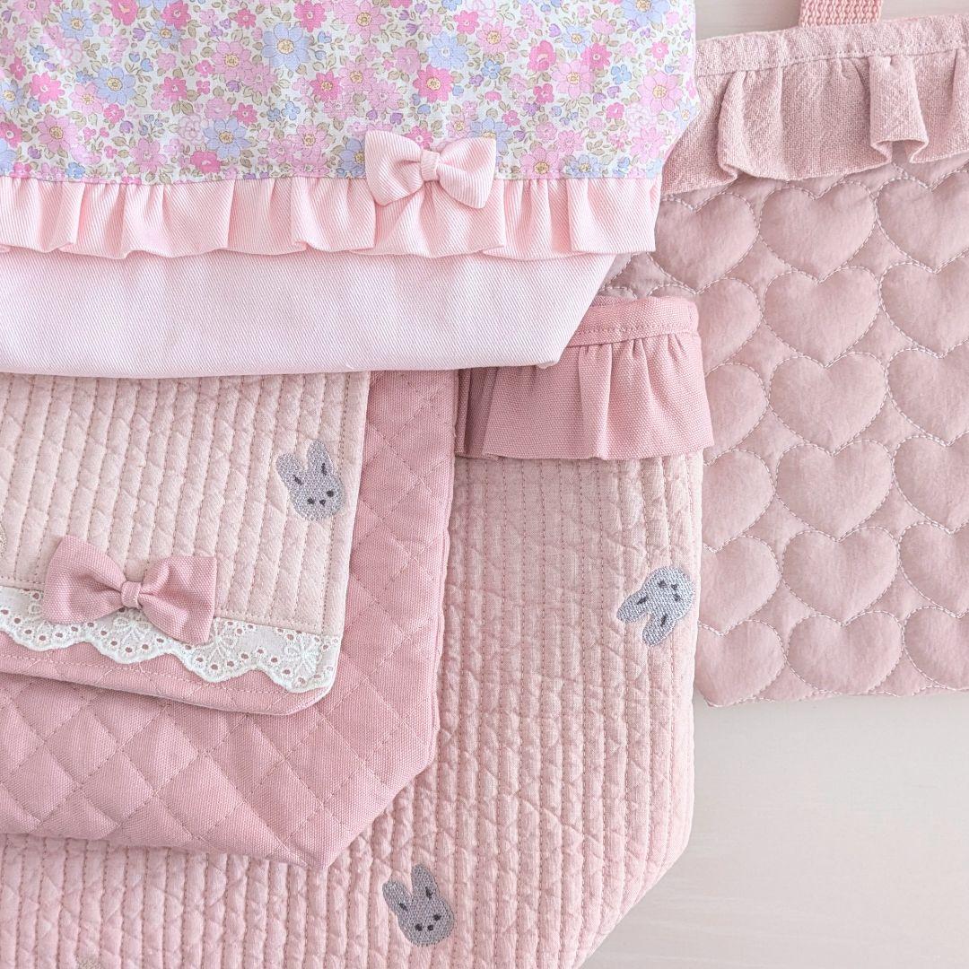 図書袋ショルダー　うさぎ刺繍ヌビ　通園バック　お弁当トートバッグ　お弁当袋