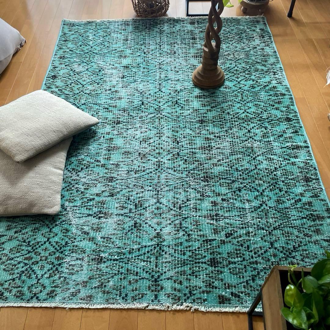 110×150 ボタニカル　ターコイズオーバーダイ　トルコヴィンテージラグ