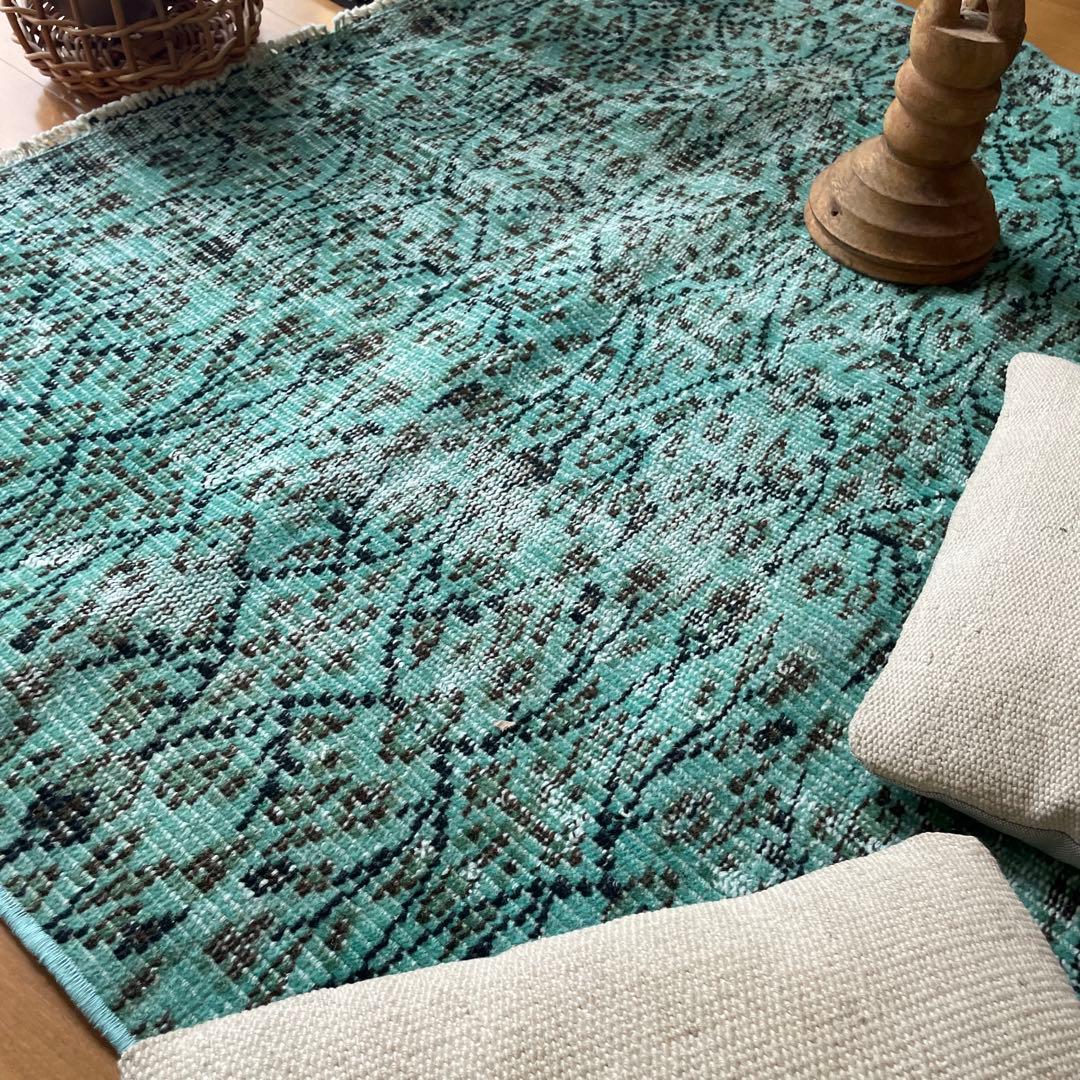 110×150 ボタニカル　ターコイズオーバーダイ　トルコヴィンテージラグ