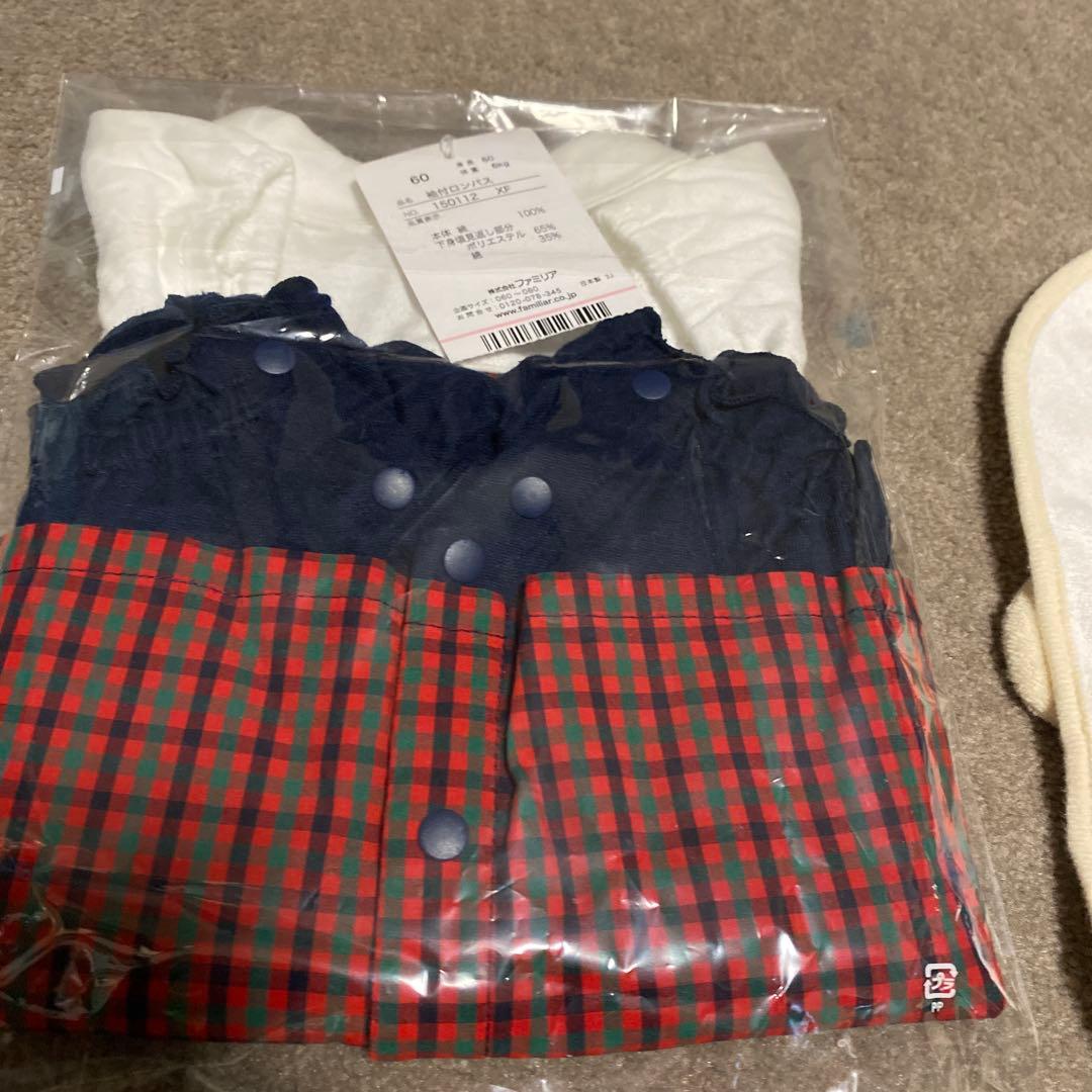 ファミリア ロンパース 半袖 赤チェック 60 スタイ