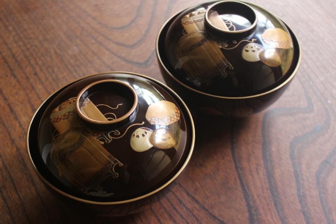 時代逸品！時代金縁黒漆に極上貝桶蒔絵の映えるお椀2点（検検京塗輪島塗蒔絵椀