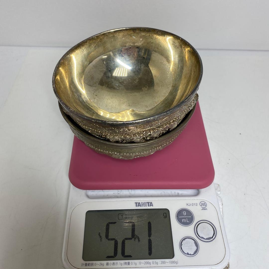 中国古玩　龍銀細工茶碗　2客　直径11.3㎝　521gタサオ　東な8-0104③