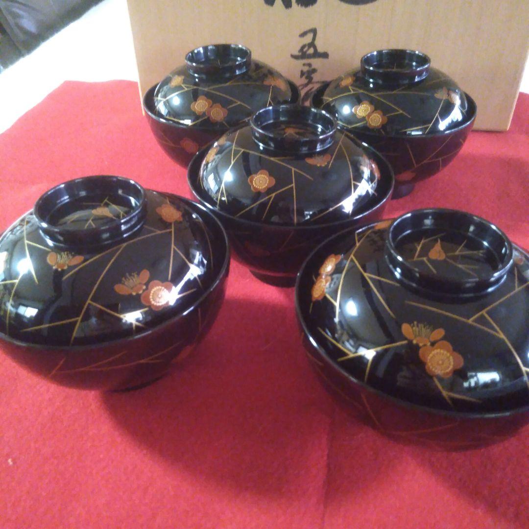 輪島塗堅地黑漆塗　梅蒔絵入椀五客