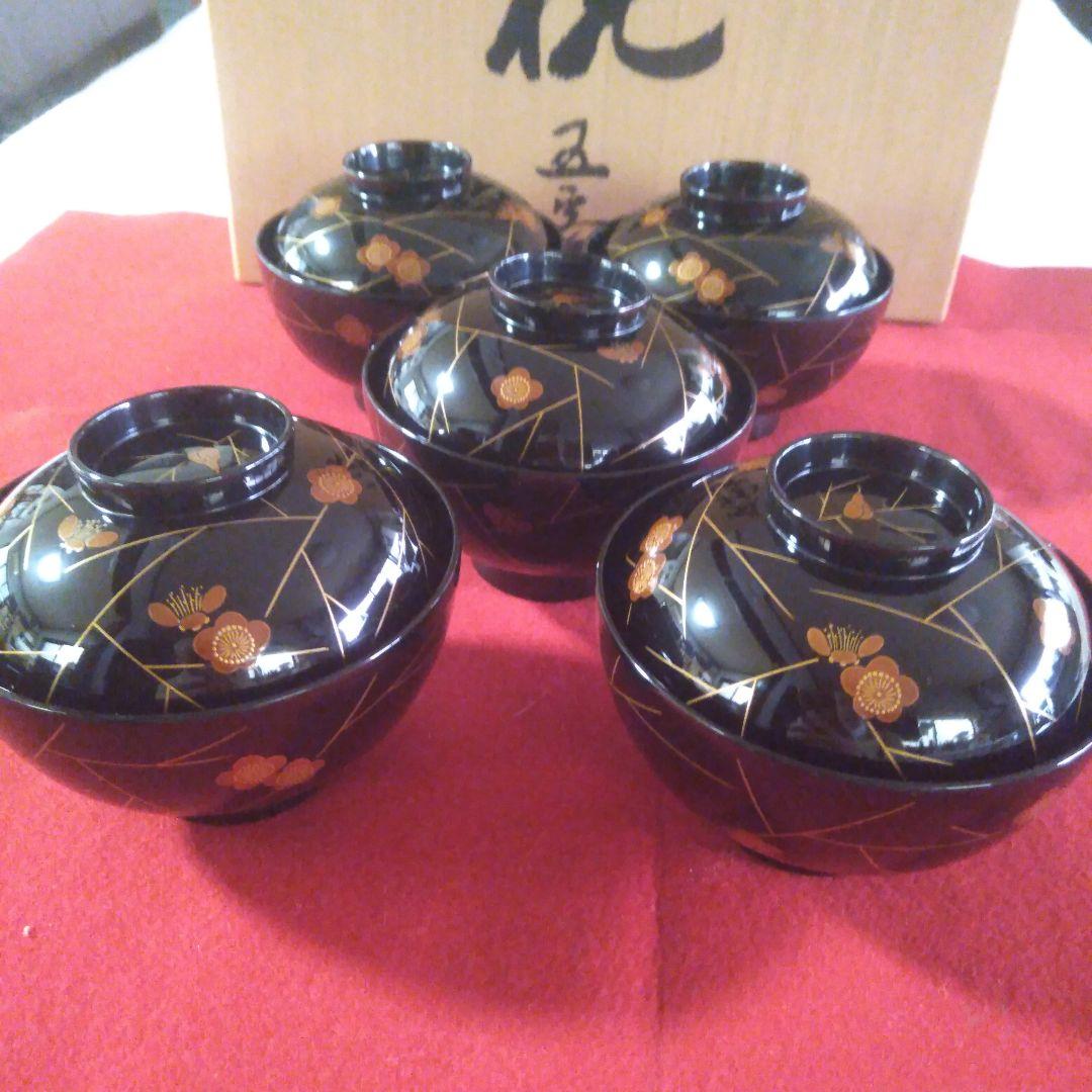 輪島塗堅地黑漆塗　梅蒔絵入椀五客