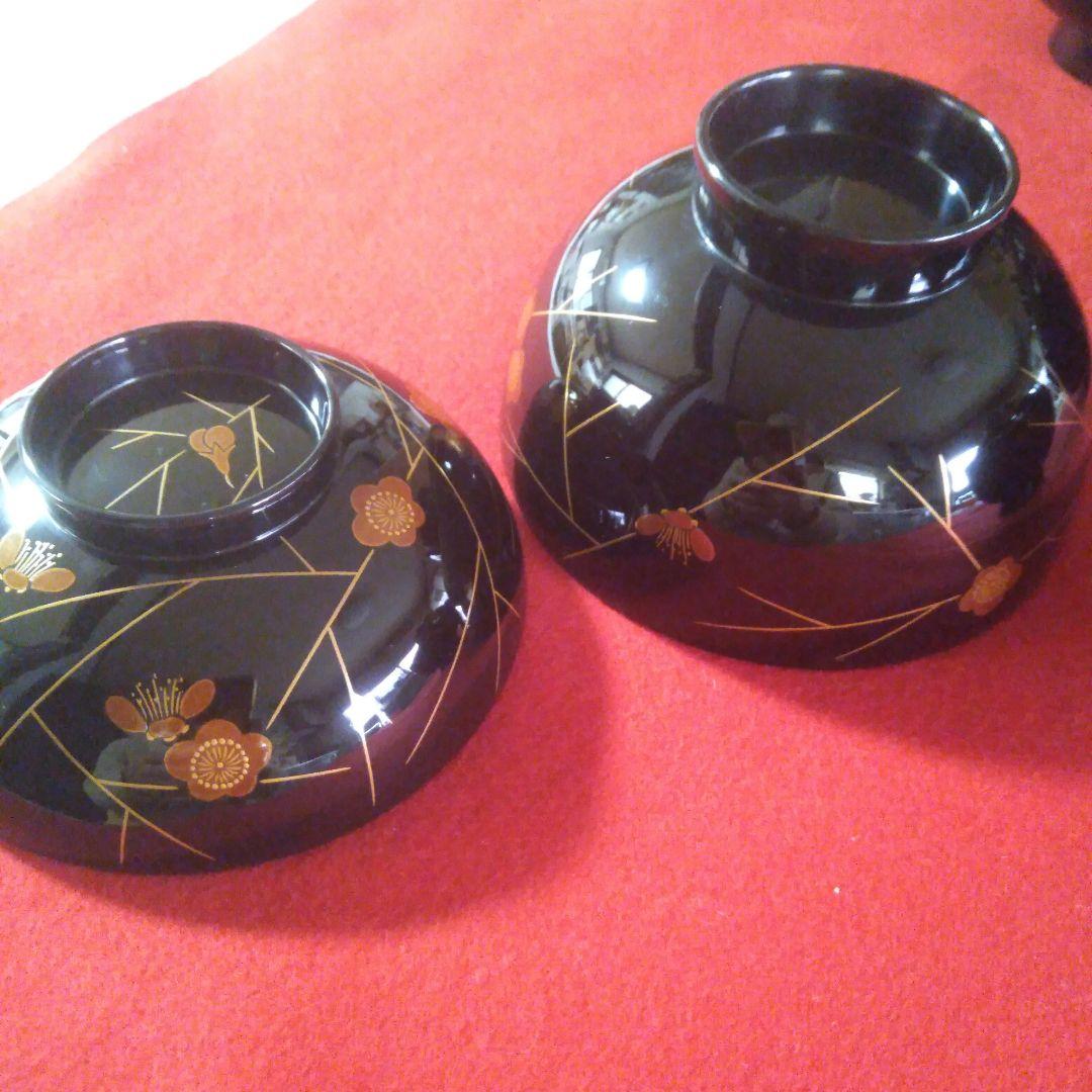 輪島塗堅地黑漆塗　梅蒔絵入椀五客