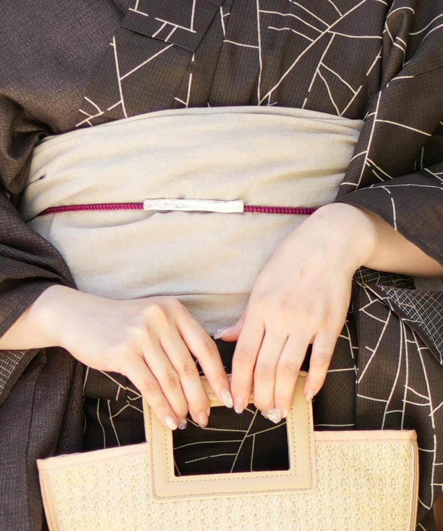 お任せ下駄つき◆最高品質和歌山染め日本生地◆こげ茶の変わり袖モダン蜘蛛の巣浴衣◆