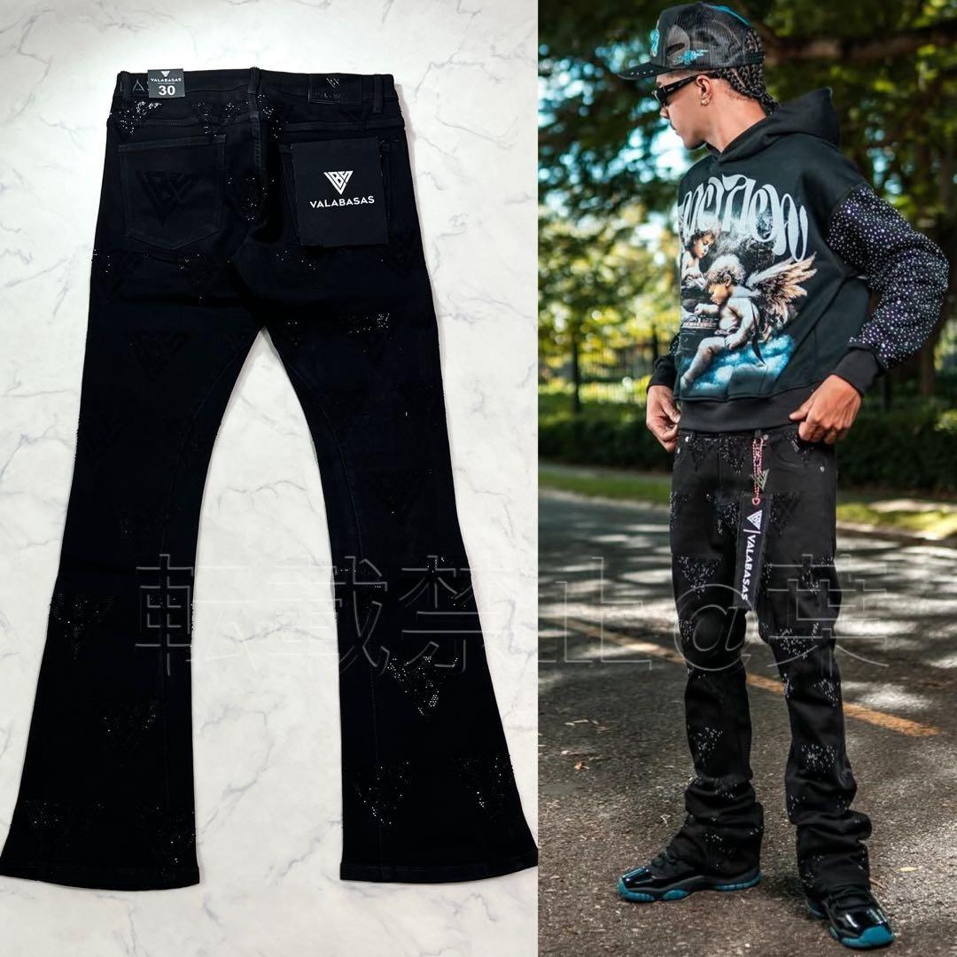 新品バラバサスvalabasas ラインストーンスキニーフレアデニム ブラックM
