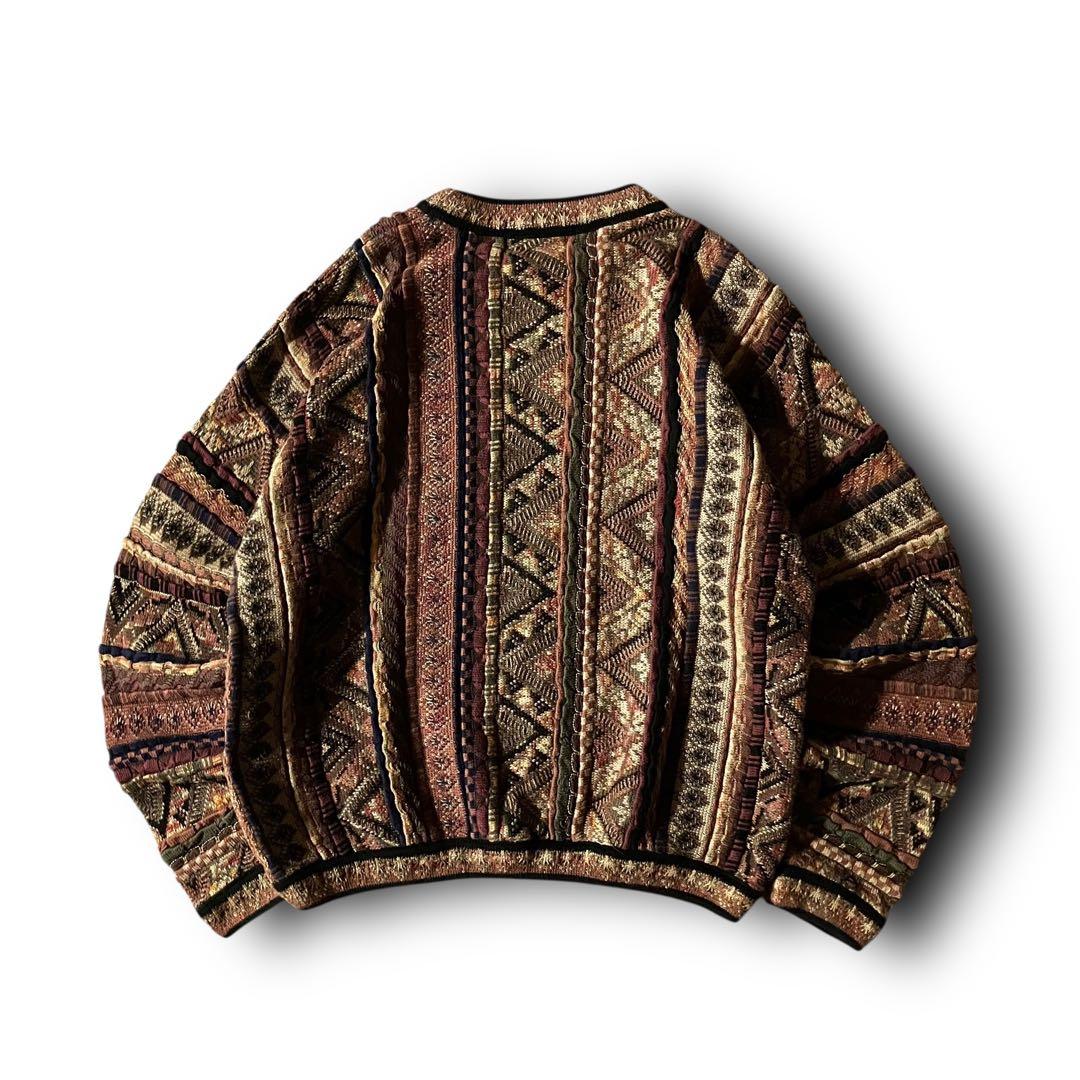 90s TUNDRAツンドラ幾何学模様3Dニット希少クージー調CBOYブラウンM