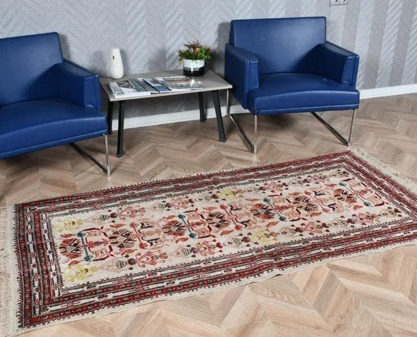 トルコ製ヴィンテージラグ771高級 レア アイボリー レッド イエロー グリーン