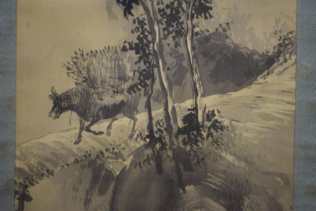 真作/谷文晁/山水牛図/杉題箱付/布袋屋掛軸HG-769