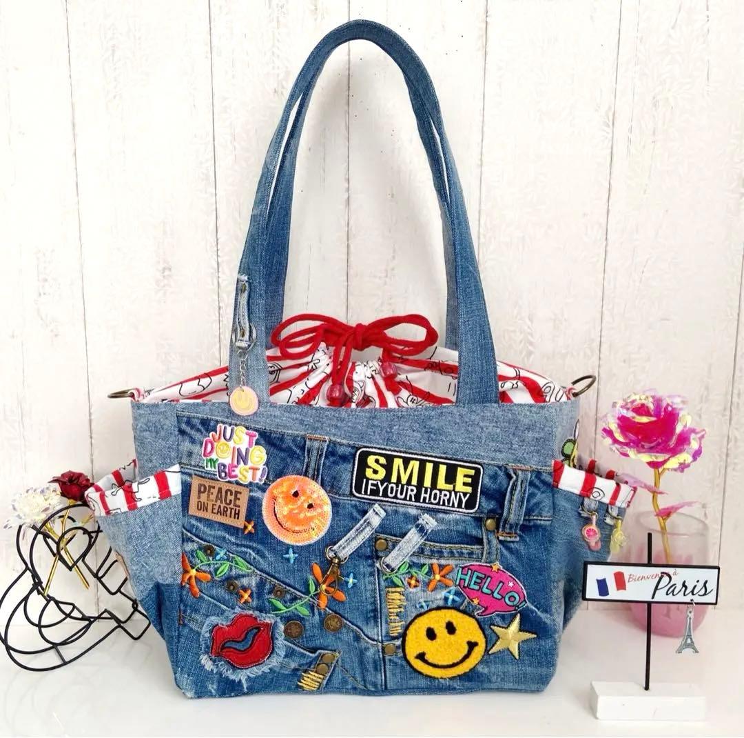 デニムリメイクバックM お花し刺繍ニコちゃん