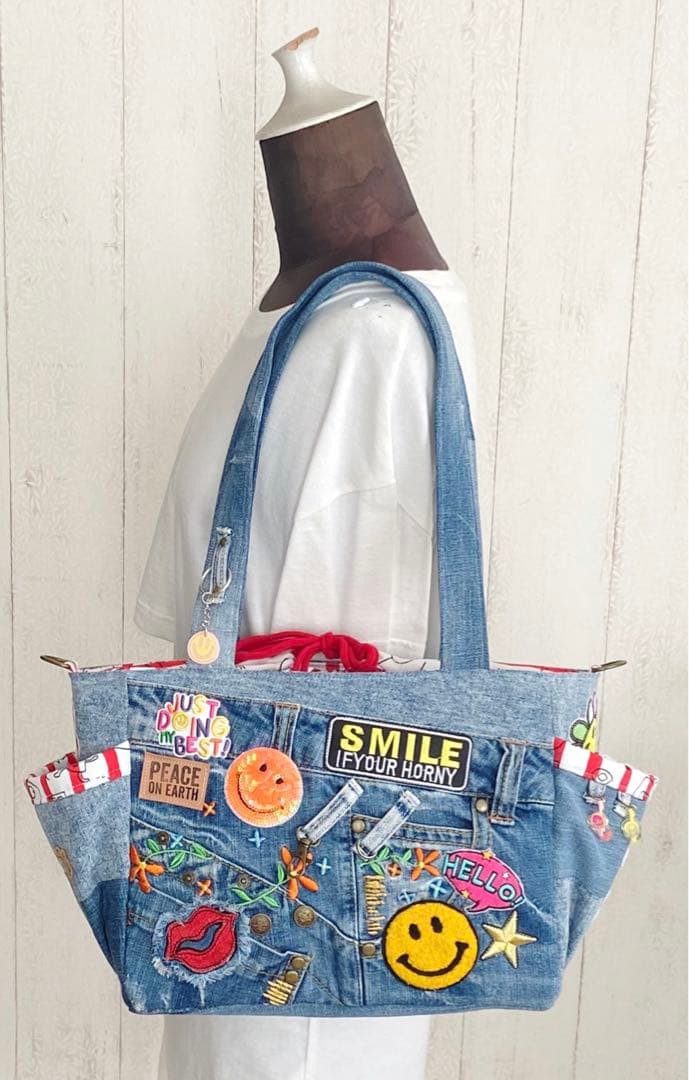 デニムリメイクバックM お花し刺繍ニコちゃん