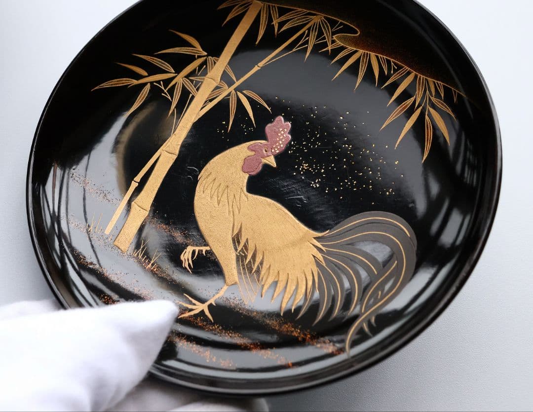 【CM354】時代蒔絵椀 竹に鶏金蒔絵 平椀五客 木製 /(検) 輪島塗加賀能登