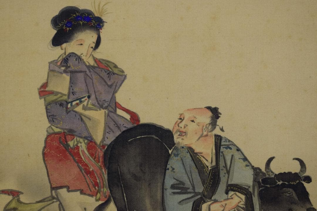 【真作】犬伏真渕/牛上の女図/美人画/掛軸☆宝船☆Y-282　JM