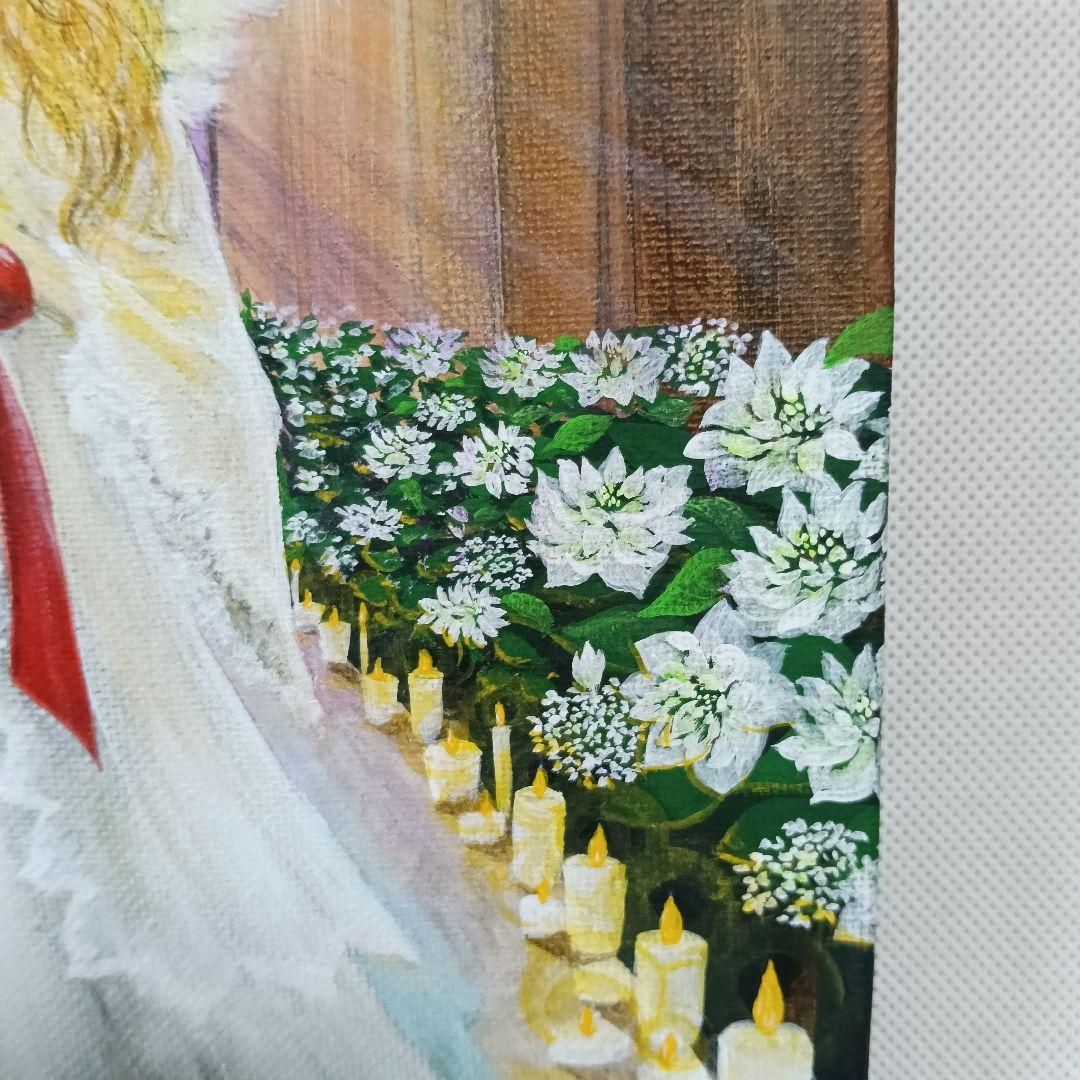 No.557 F3　天使　絵画　アクリル画　クリスマスローズ　ステンドグラス