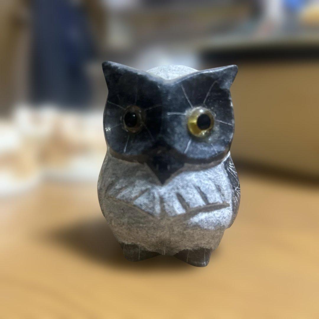 御影石の置物 黒と灰色　フクロウ　レア物　縁起