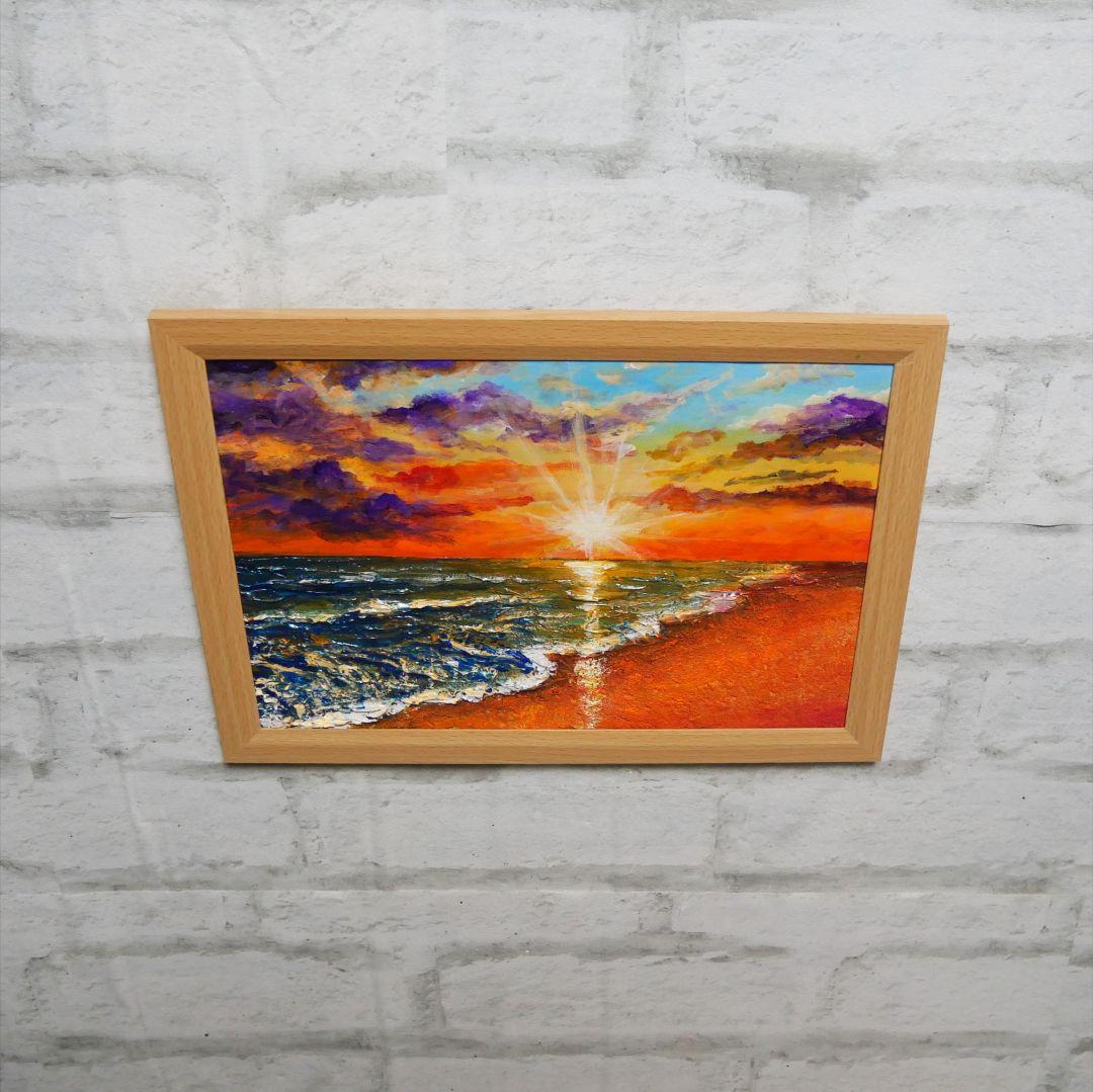 油絵 油彩 油彩画 絵 絵画 【夕陽に染まる海】A4
