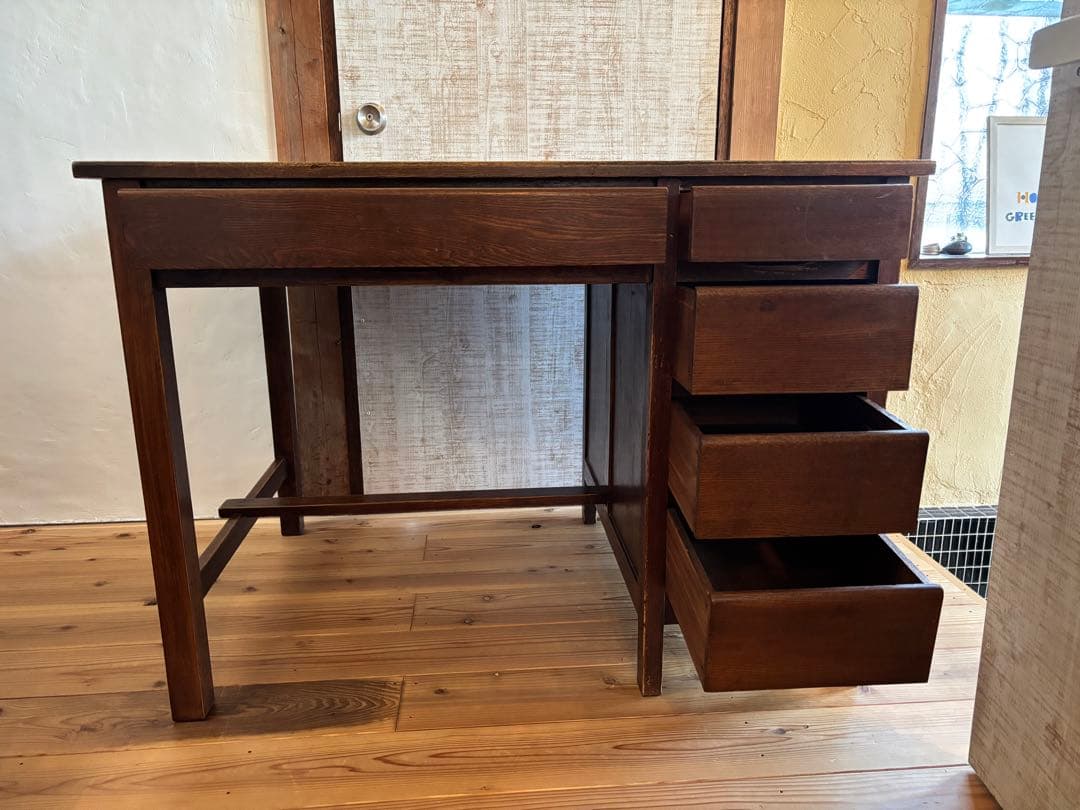 アンティーク　レトロ　木製デスク 5引き出し付き