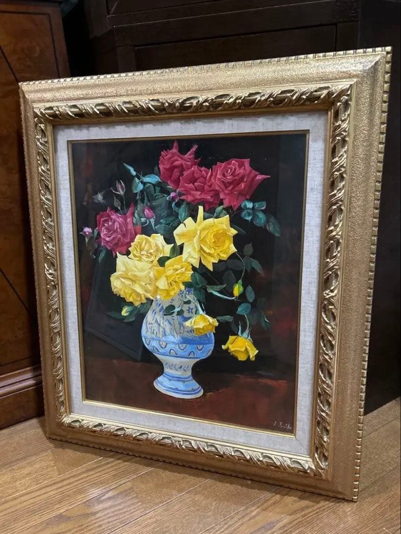 最終値下げ　斎藤隆夫　作品　油絵　薔薇　花瓶