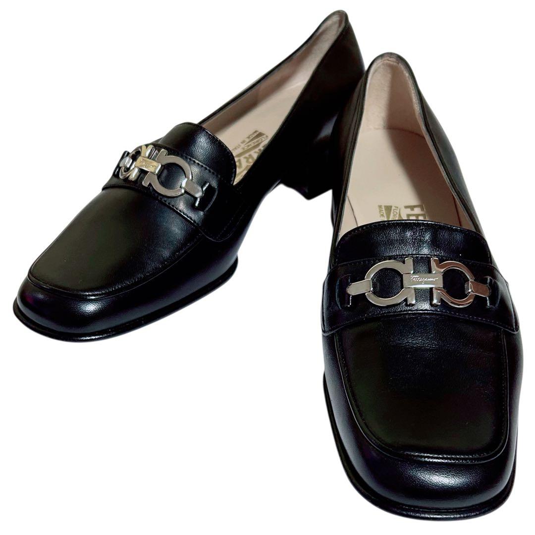 フェラガモ ガンチーニ ローファー 6.5D 23.5〜24cm 黒×シルバー