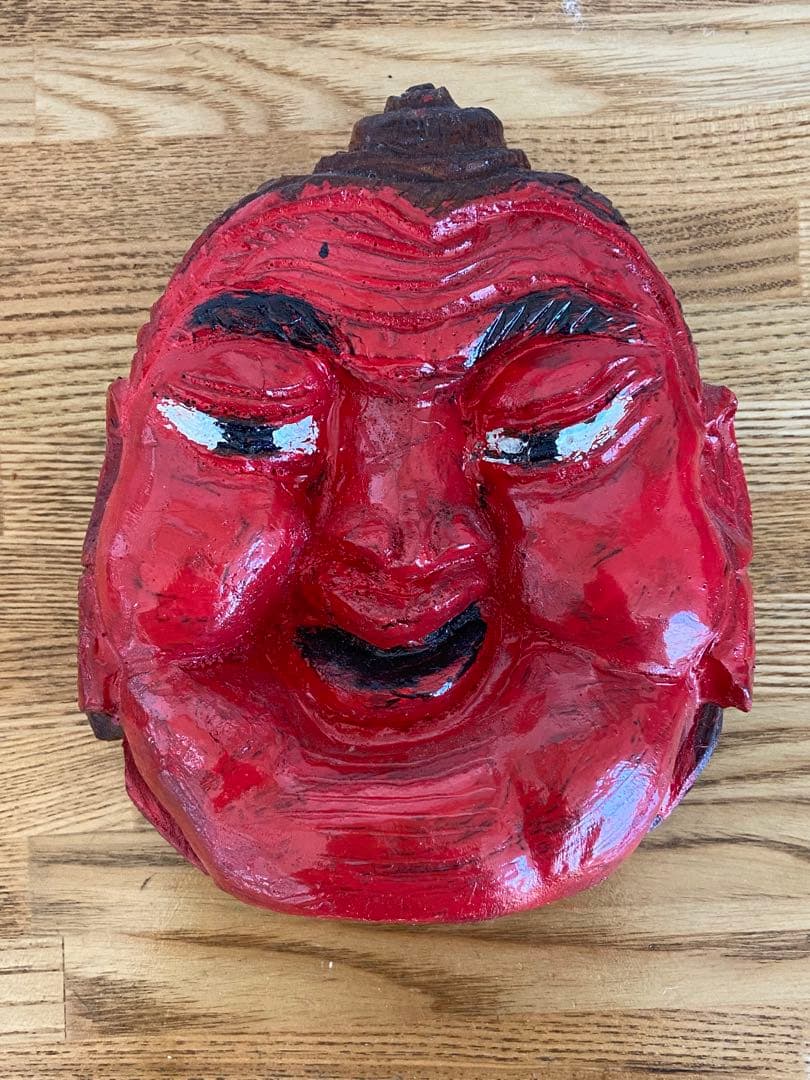 古道具坂田取扱 木彫 熊と赤面 二面像 祭祀仏具 古作