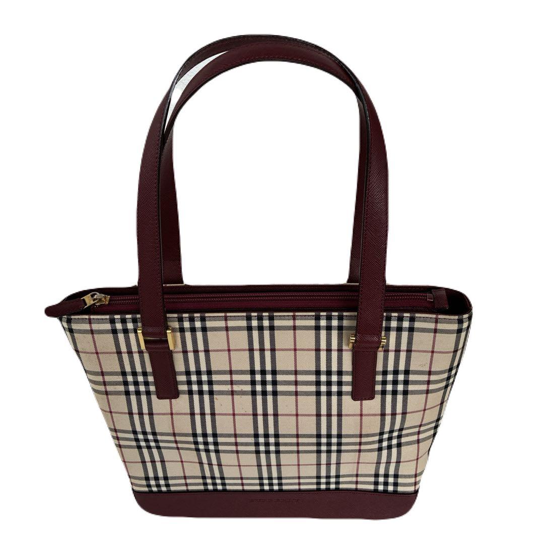 バーバリー　ノバチェック柄　トートバッグ ベージュ/バーガンディ　舟形