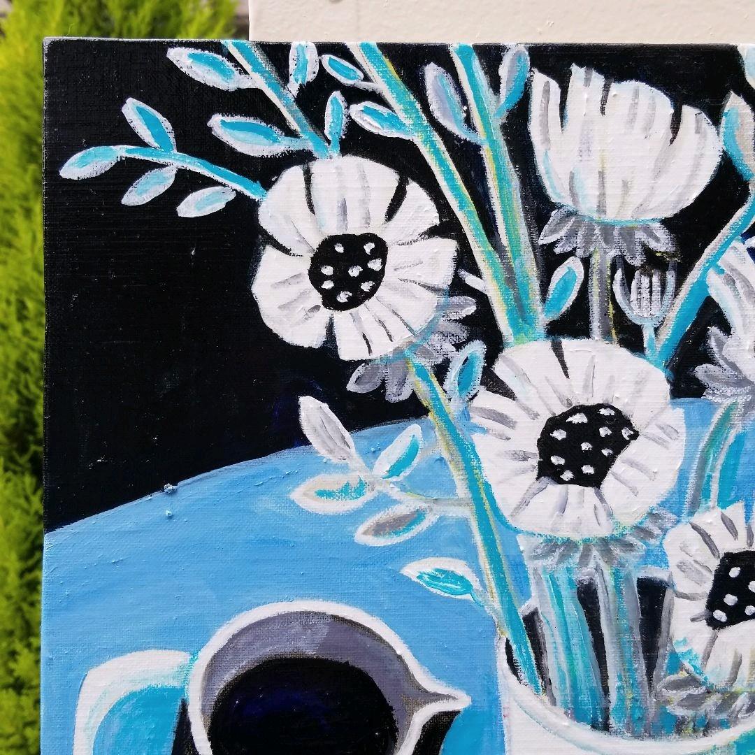 キャンバス油絵　よっこ　クールな配色のテーブル　大きいキャンバス縦45.5