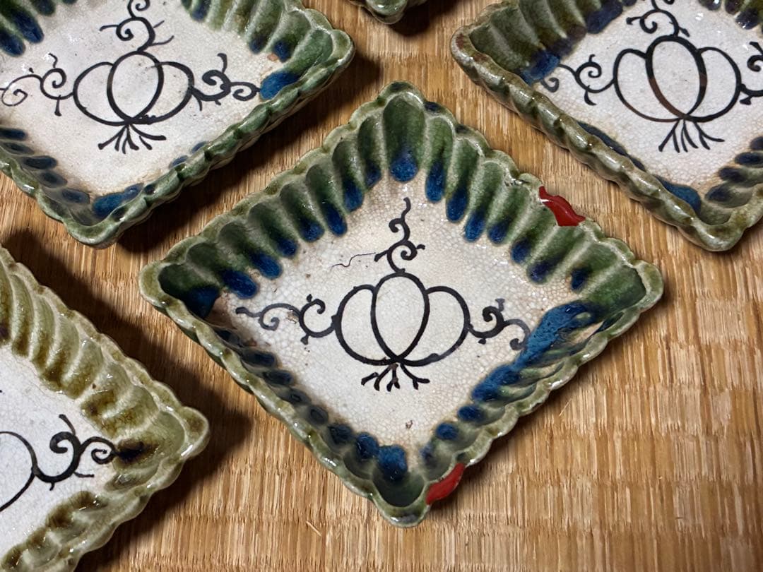 古織部 古い 陶器 菱形 小皿 盛皿 五枚 箱付 時代物