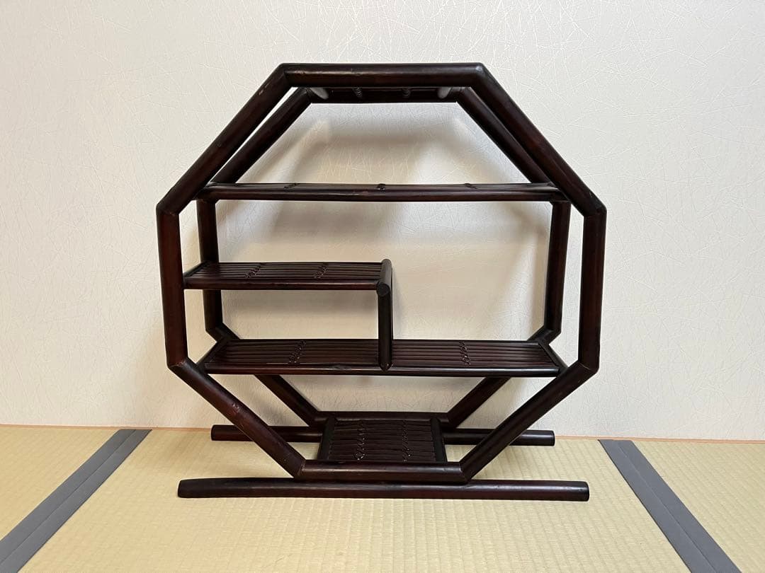 八角型飾り棚、茶器棚、珍品収納、コレクション棚、竹工芸、茶道具、アンティーク