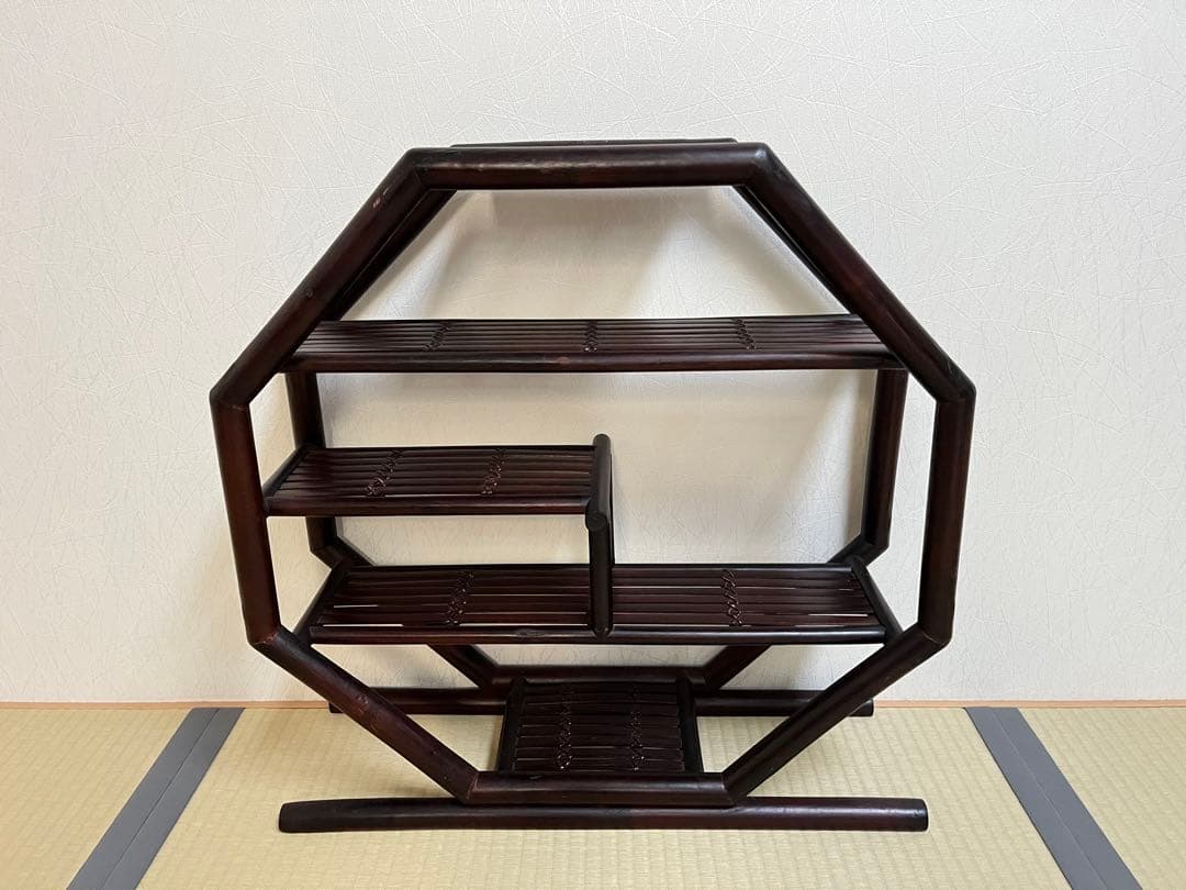 八角型飾り棚、茶器棚、珍品収納、コレクション棚、竹工芸、茶道具、アンティーク
