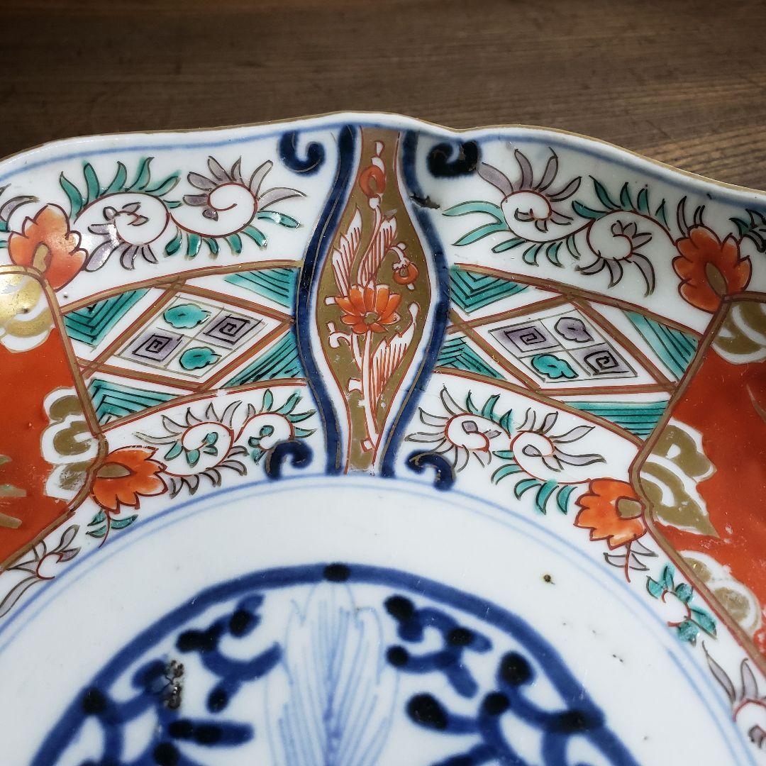 大皿　古伊万里　色絵付け　鳳凰　江戸　金継ぎ　漆直し　唐花草　7寸皿