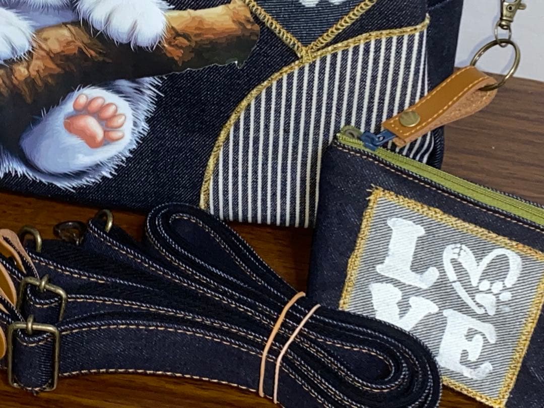 ☆岡山デニム☆ぶら下がりネコ☆子猫☆扇型☆リュック対応☆4wayボストンバッグ