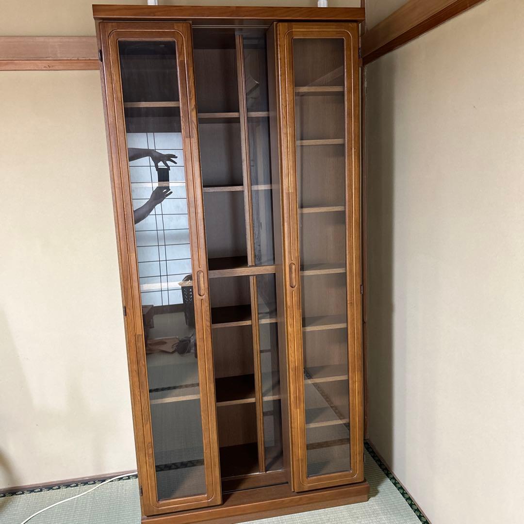 木製ガラス扉付き本棚 スライド式