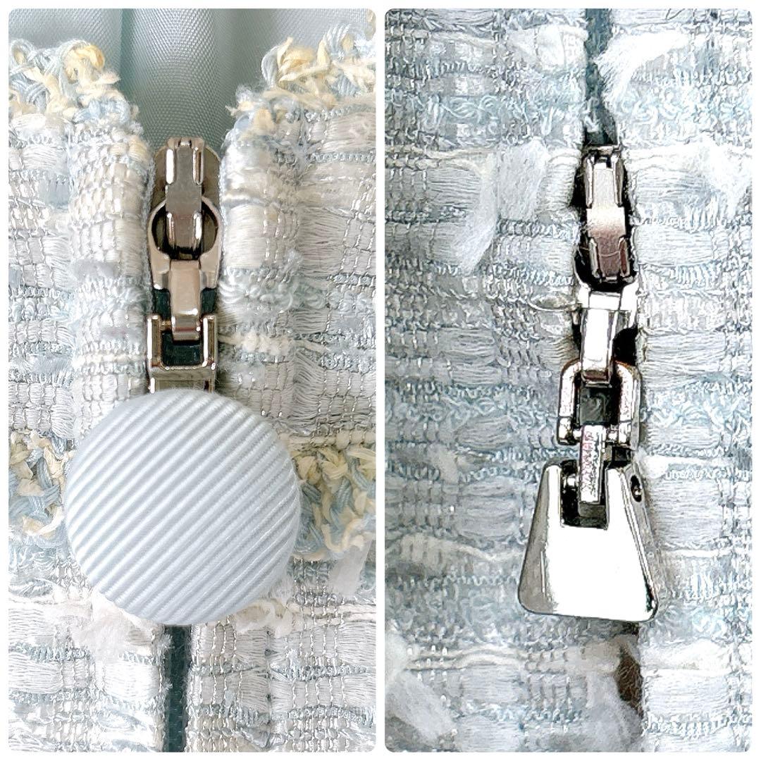 高級✨TO BE CHIC ノーカラー ツイードワンピース 水色 42 L〜XL