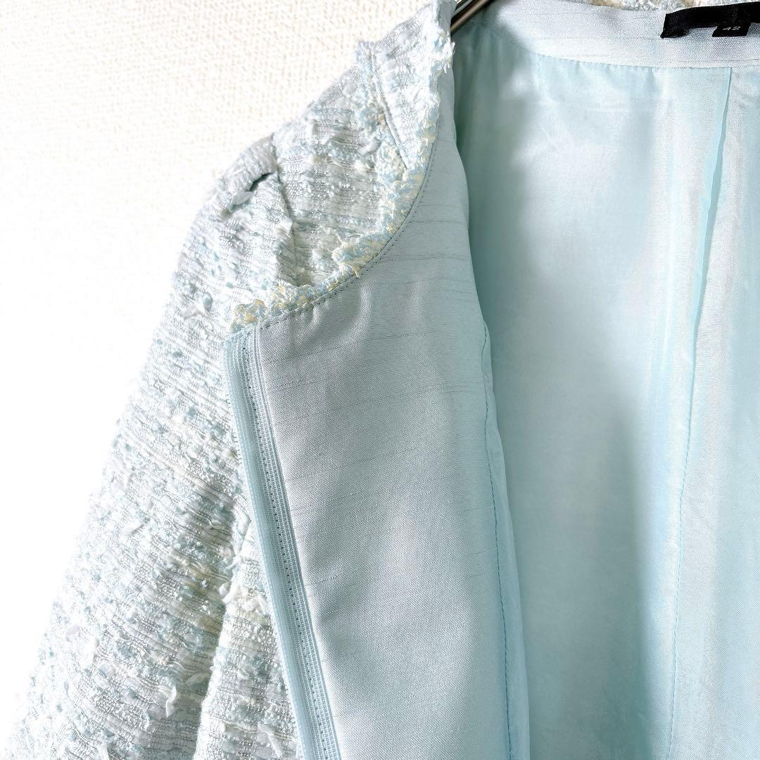 高級✨TO BE CHIC ノーカラー ツイードワンピース 水色 42 L〜XL