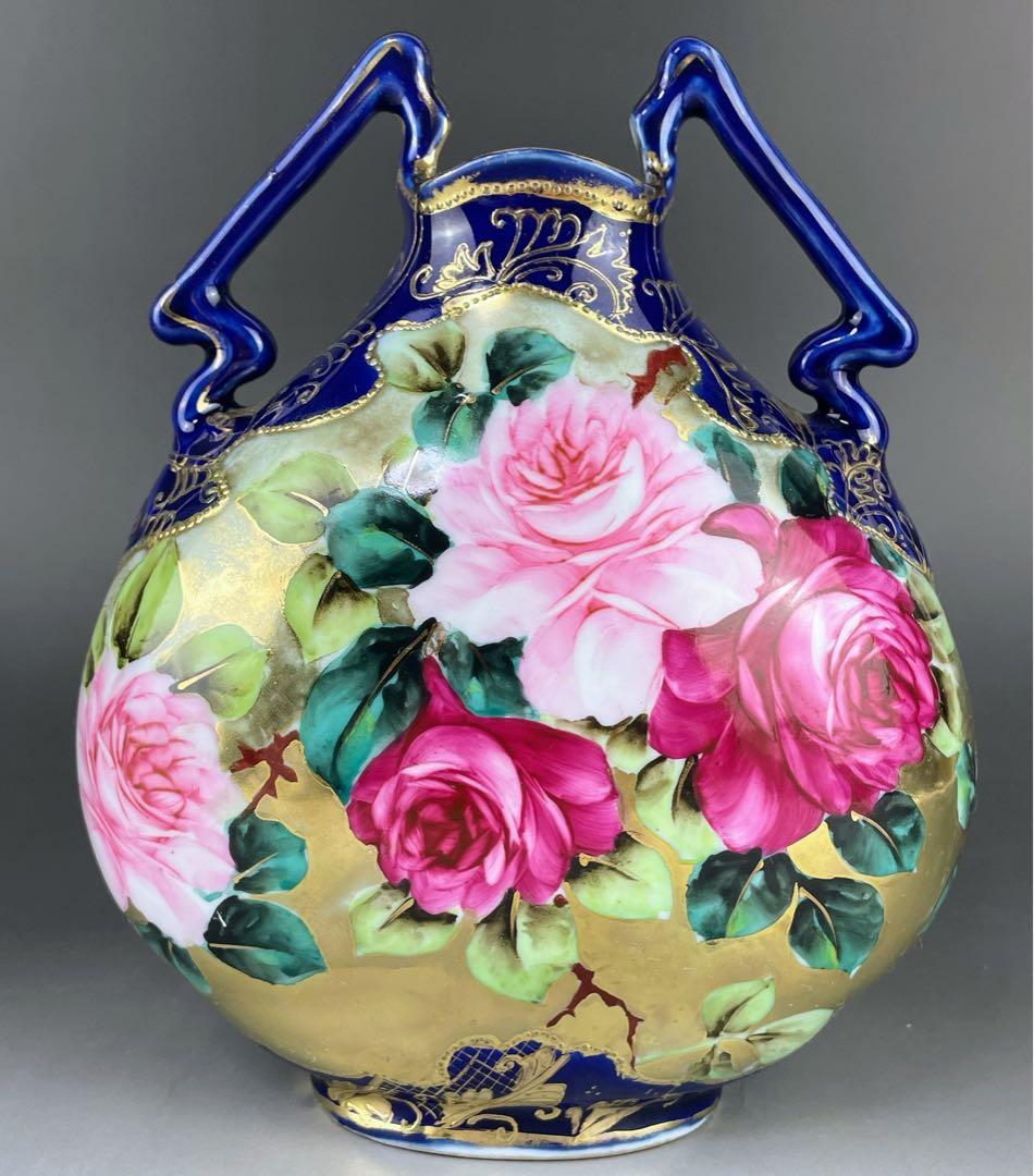 【美品】オールドノリタケ コバルト地 金盛り 薔薇紋 花瓶 メープルリーフ