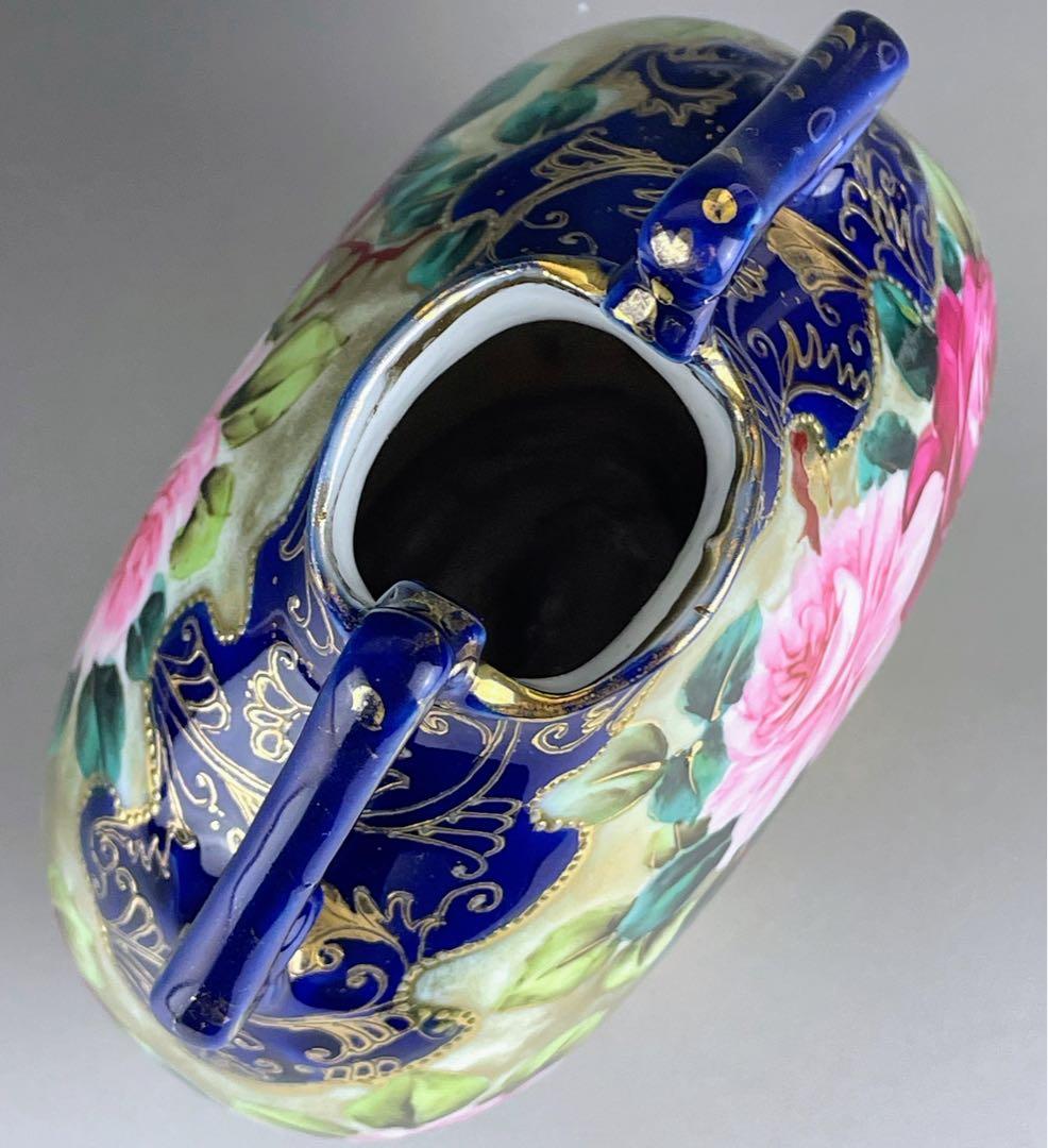 【美品】オールドノリタケ コバルト地 金盛り 薔薇紋 花瓶 メープルリーフ