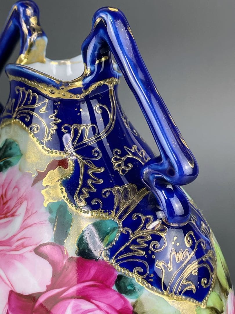 【美品】オールドノリタケ コバルト地 金盛り 薔薇紋 花瓶 メープルリーフ