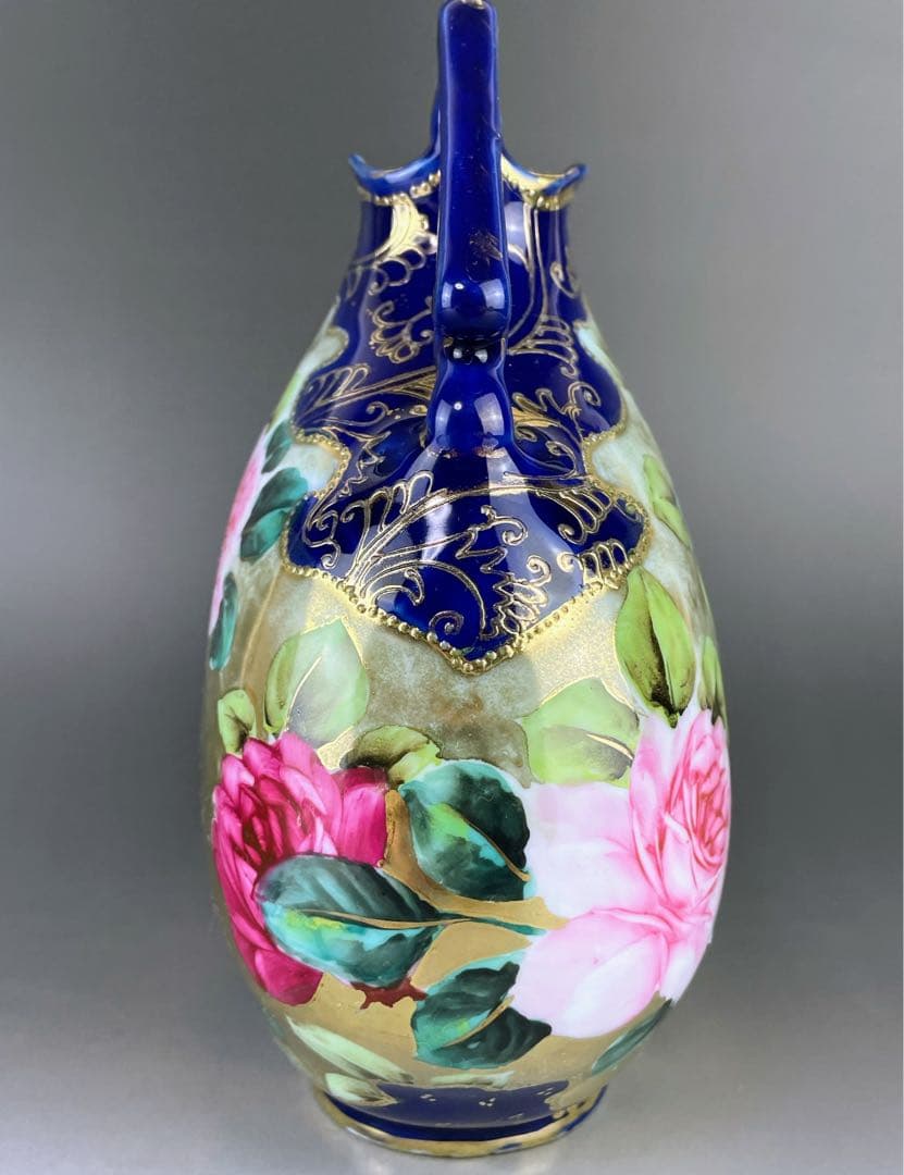 【美品】オールドノリタケ コバルト地 金盛り 薔薇紋 花瓶 メープルリーフ