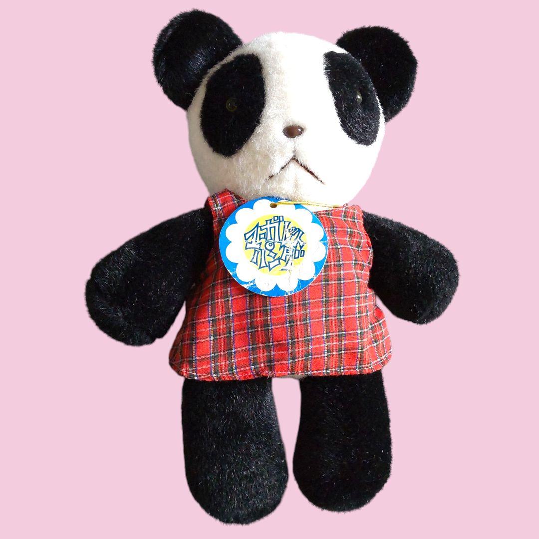 [洗濯済]パンダ ぬいぐるみ 赤いチェック柄洋服付き レトロ レア