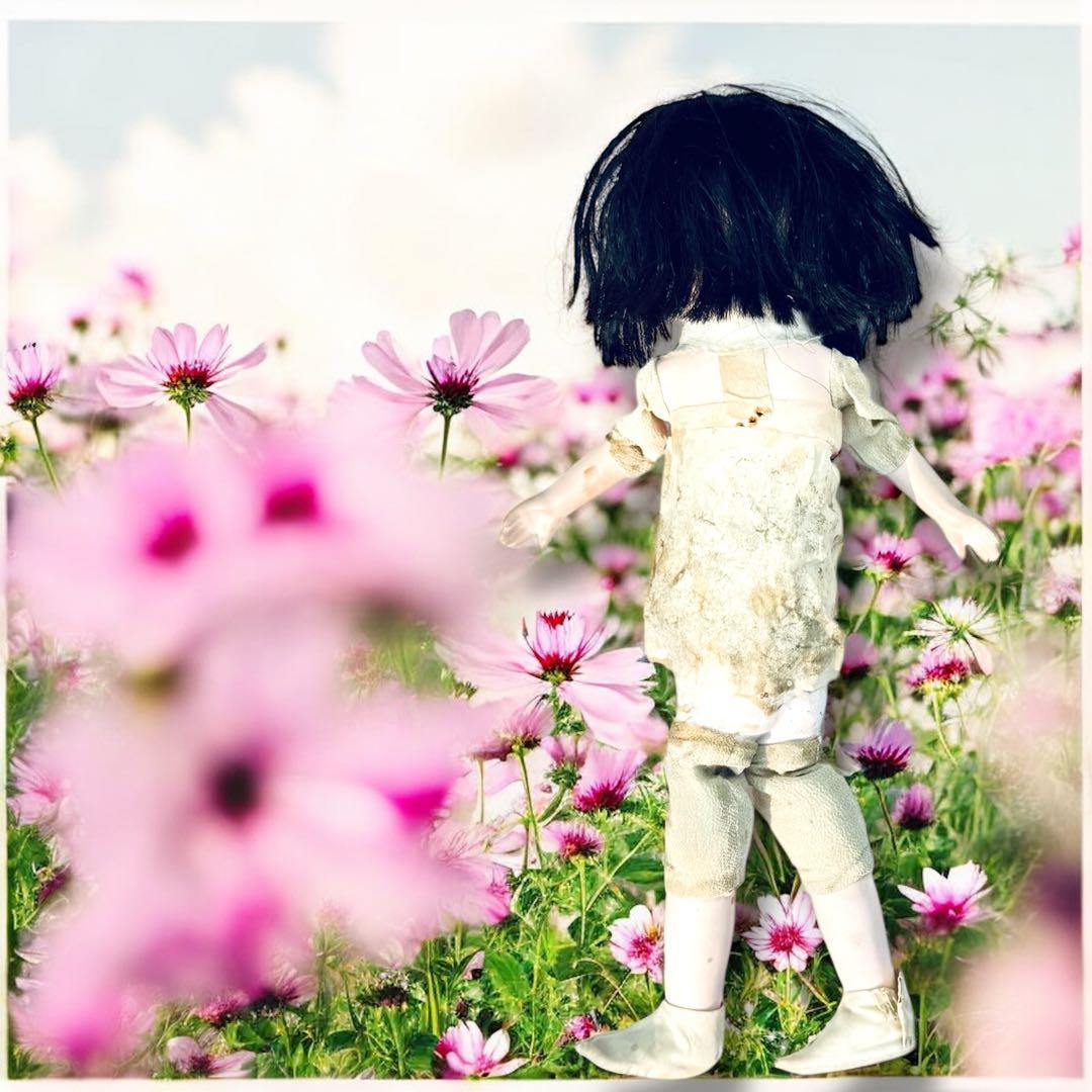 市松人形 明治期 1868年〜 三つ折れ ふいご 山桜 青縮緬着物 花柄 着物