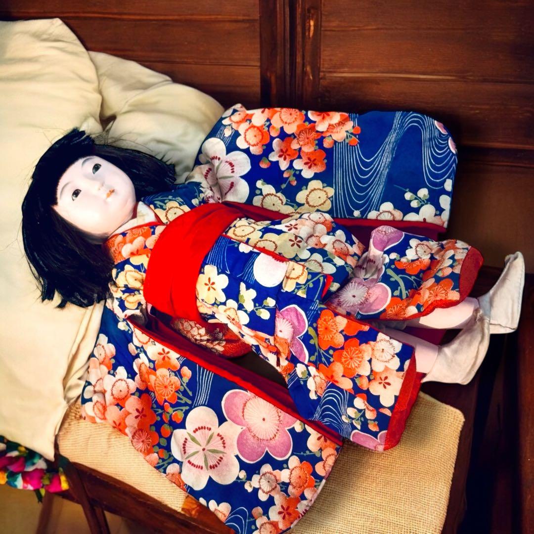 市松人形 明治期 1868年〜 三つ折れ ふいご 山桜 青縮緬着物 花柄 着物