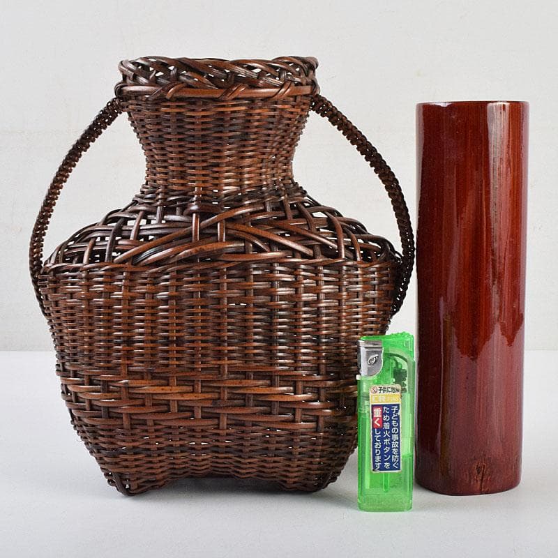 茶道具　吉田ふみ与作　耳付掛花籠　籠花生　時代箱付　V　R9539