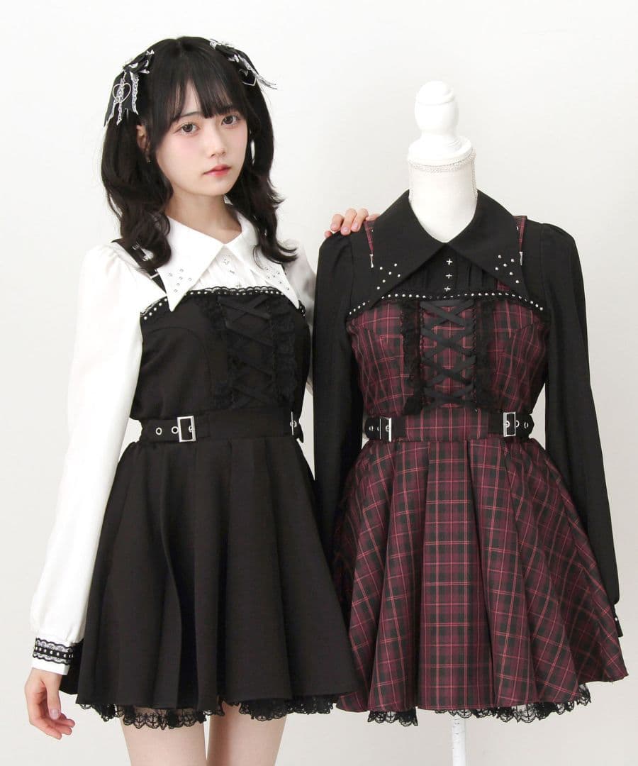 新作★ ディアマイラブ 十字架スタッズジャンスカ風レースアッププリーツワンピース